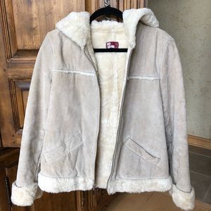 Suede 100% Leather Faux Shearling Hooded Jacket